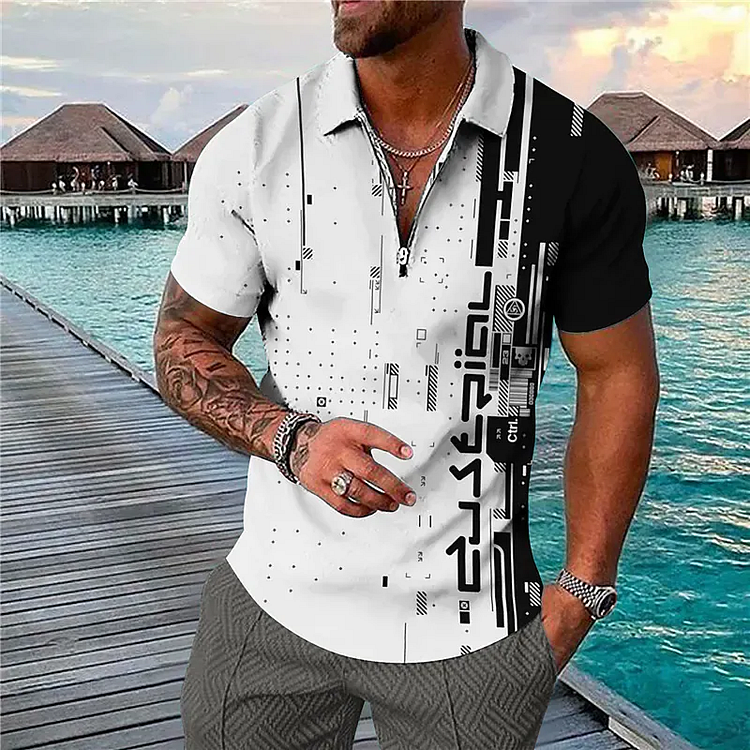 Men's 3D Print Geometry Turndown Street Casual Zipper T Shirt