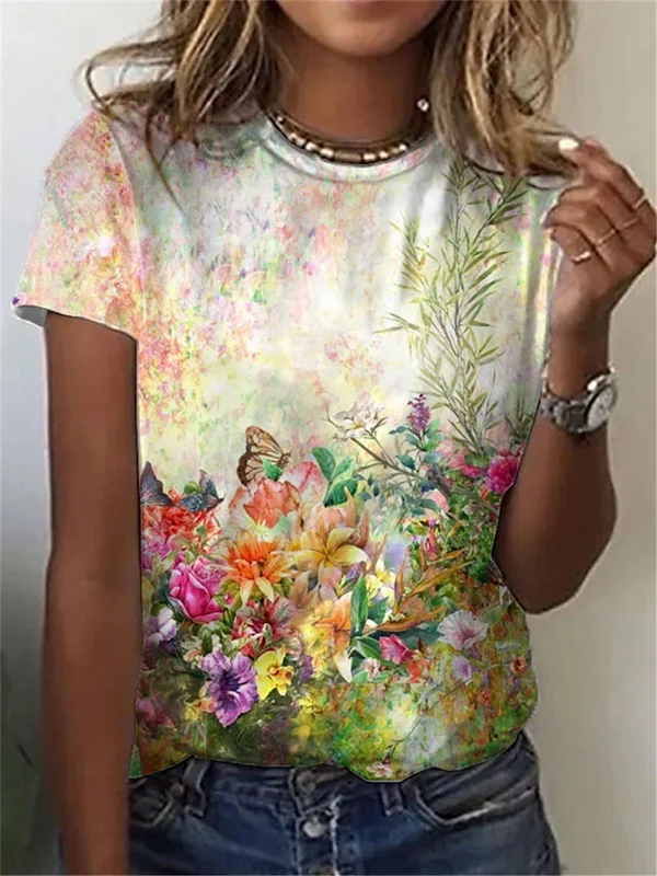 Art Floral Printed Round Neck Tee