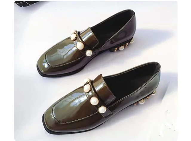 Pearl Embellished Square Toe Dark Green Loafers Vdcoo