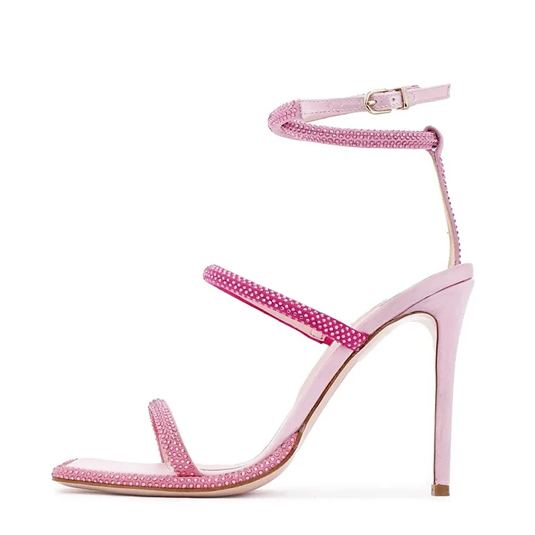 Pink Ankle Strap Heels Square Toe Rhinestones Sandal Wedding Shoes |FSJ Shoes