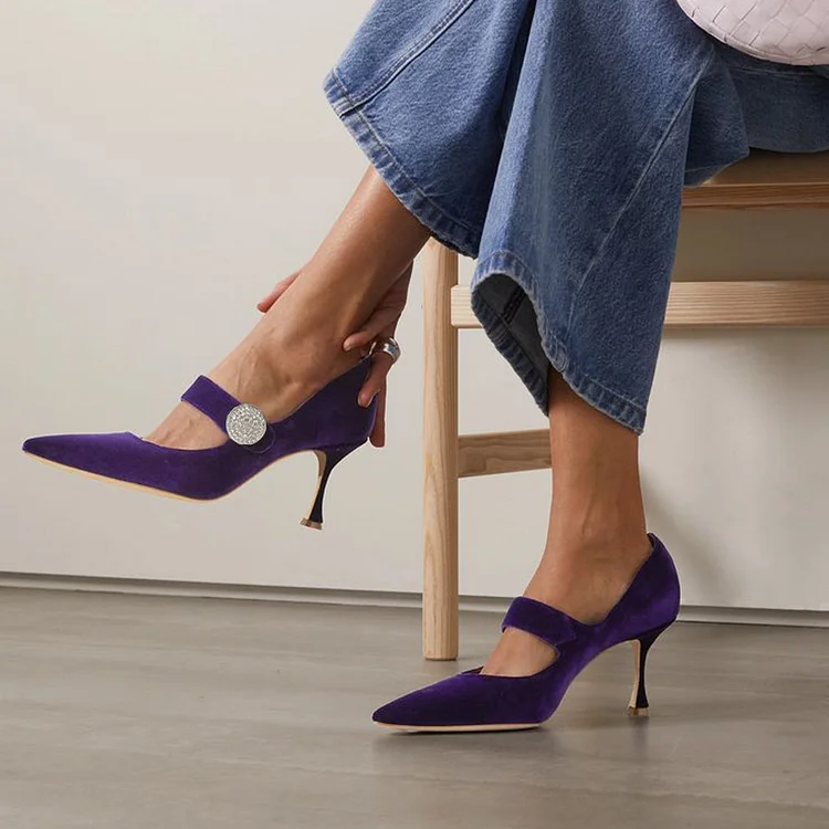 Dark Purple Velvet Vintage Shoes Pointy Toe Buckle Mary Jane Pumps |FSJ Shoes