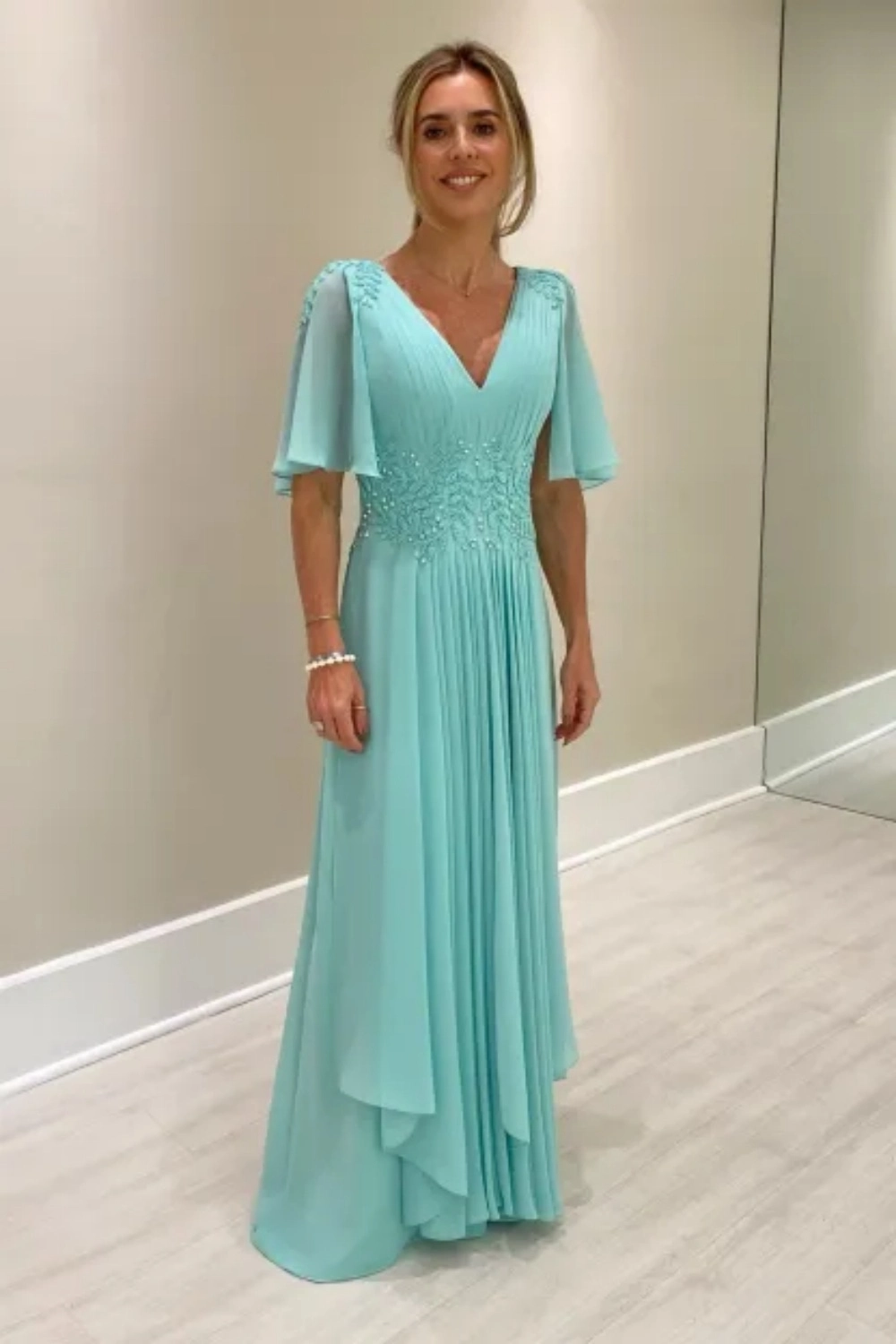 Daisda Chiffon V-Neck 1/2 Sleeves Long Mother Of The Bride Dress With Beadings And Pleated A-Line