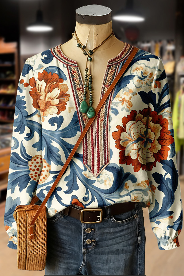 Vintage Floral Print Embroidered V-Neck Long Sleeve Top