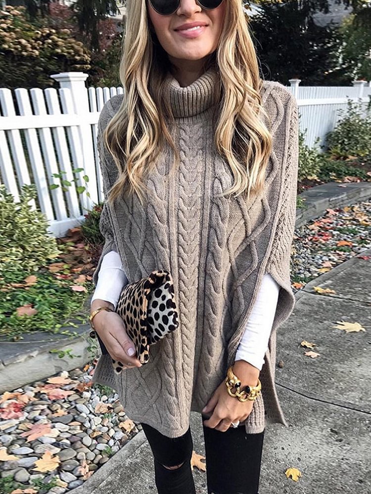 Loose Turtleneck Knit Poncho P13403