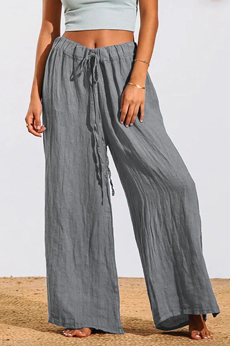 Casual Solid Patchwork Loose Mid Waist Wide Leg Solid Color Linen Pant Bottoms(5 colors)