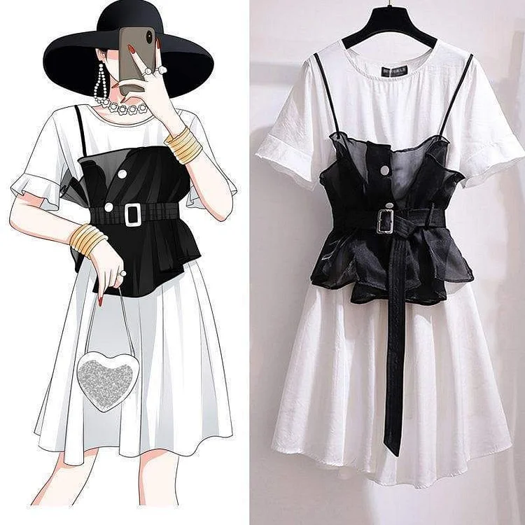 Casual Chic Asian Fashion White Dress Black Vest SP16128