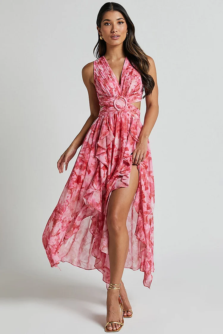 V Neck Ruched Cutout Ruffled Floral Print Slit Midi Dresses-Pink [Pre Order]