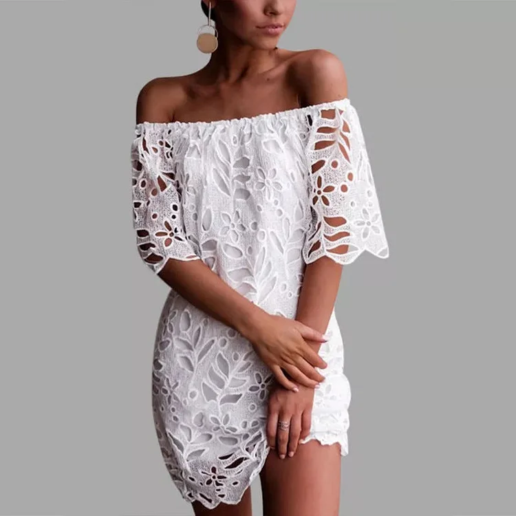 Summer Off Shoulder Vintage Floral Lace Loose Elegant Mini Dress socialshop