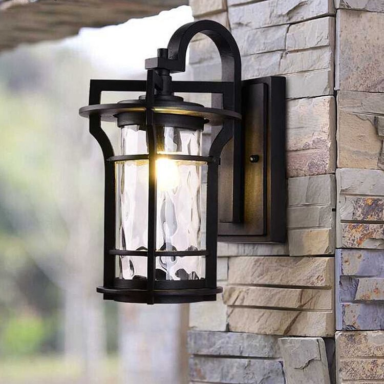 Country Cylinder Wall Light Sconce 1 Bulb Clear Water Glass Wall Mount Lamp Fixture in Black for Corner