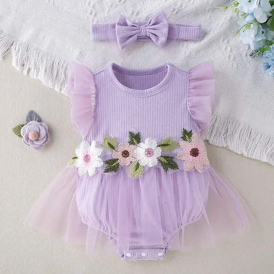 【0M-18M】Girls' Cap Sleeve Romper Dress – Stylish Cute Floral One-Piece