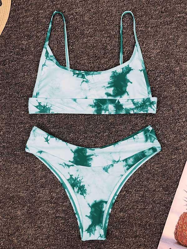 Sexy Spaghetti Neck Tie Dye Fade Color Split Type Bikini Swimsuit