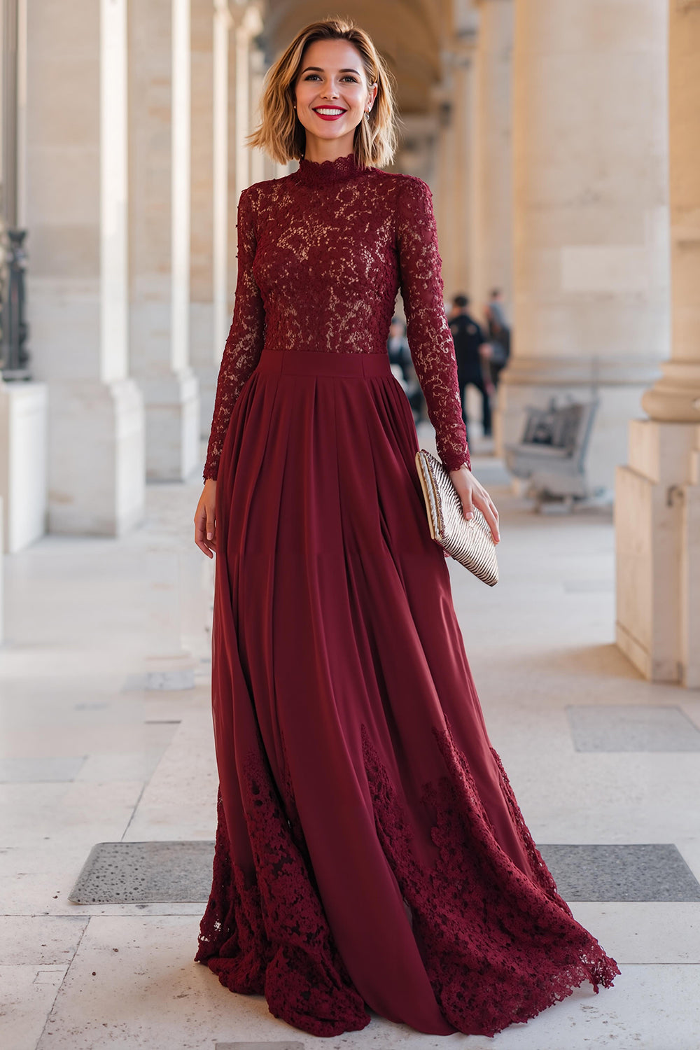 red lace mother of the bride dress Burgundy Lace Bodice Flare Sleeves Chiffon Mother of the Bride Dress