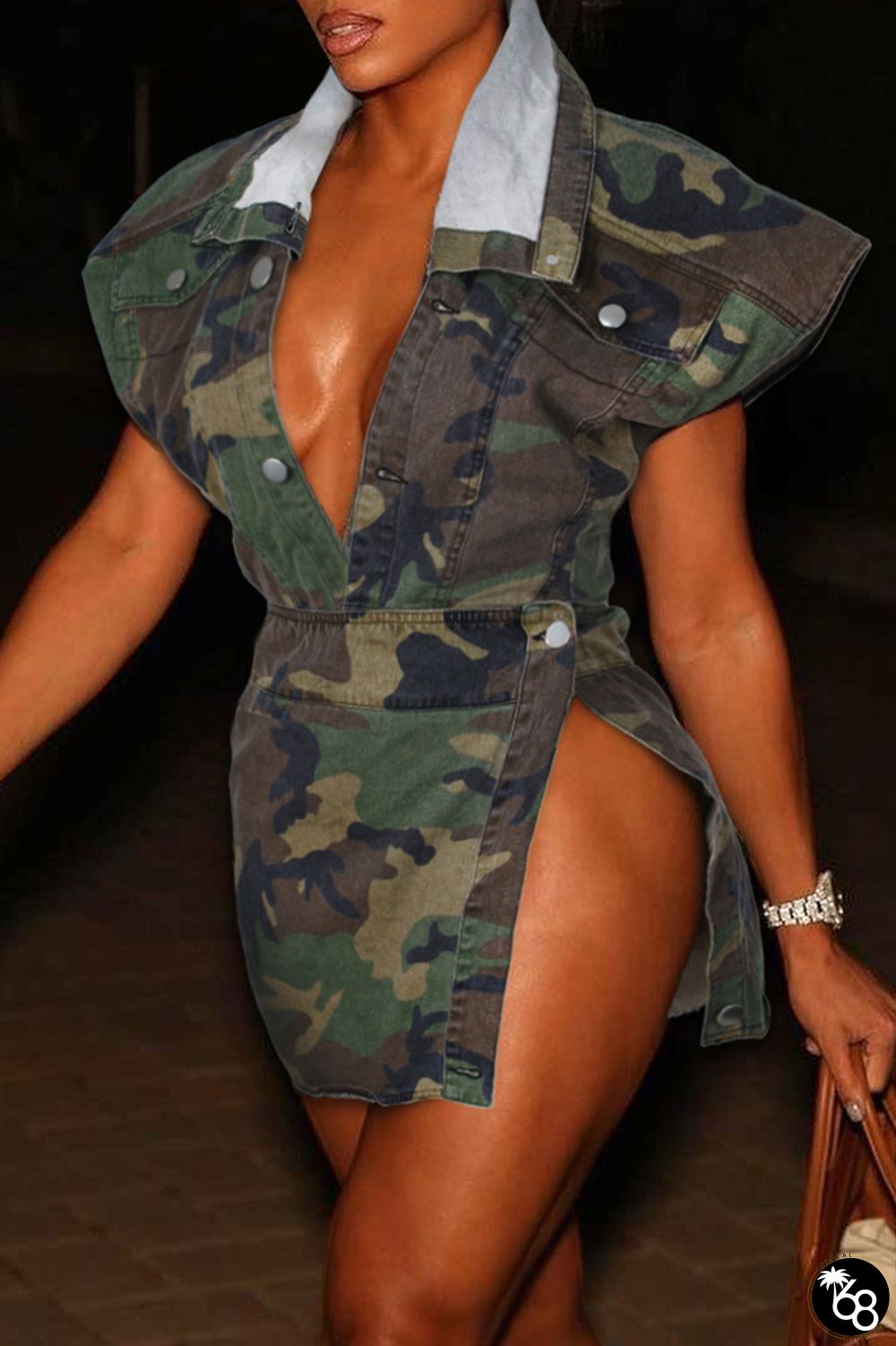Army Green Sexy Casual Camouflage Print Patchwork Slit Turndown Collar Two Pieces | 168DEAL