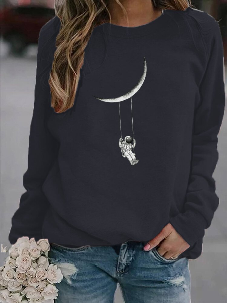 Cartoon Moon Astronaut Long Sleeve Casual Blouse For Women P1774323