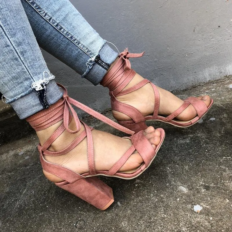 VCSHOES Open Toe Ankle Wraps Lace Up Chunky Heels Sandals
