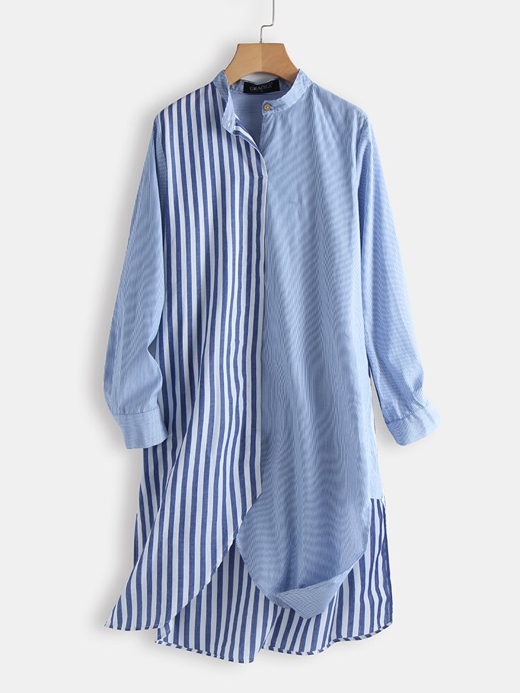Stripe Patchwork Long Sleeve Splited Casual Shirt For Women P1633078