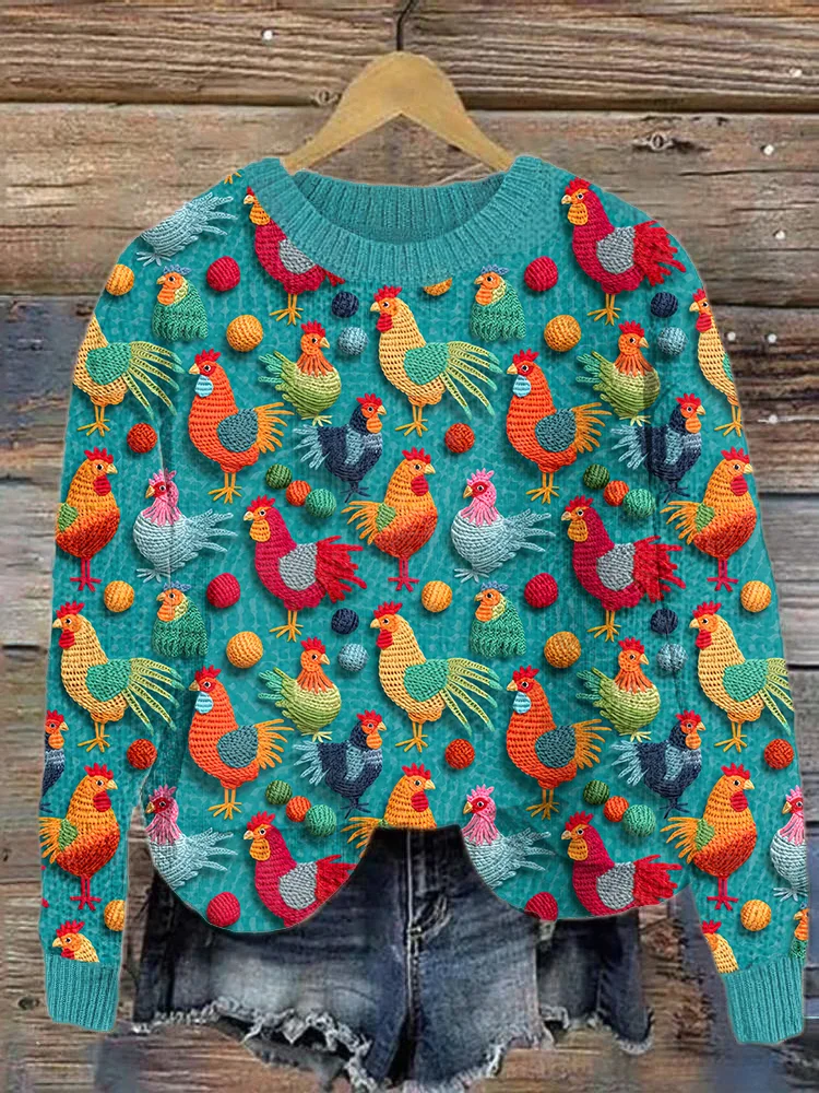 Funny Chicken Embroidery Art Casual Cozy Knit Sweater