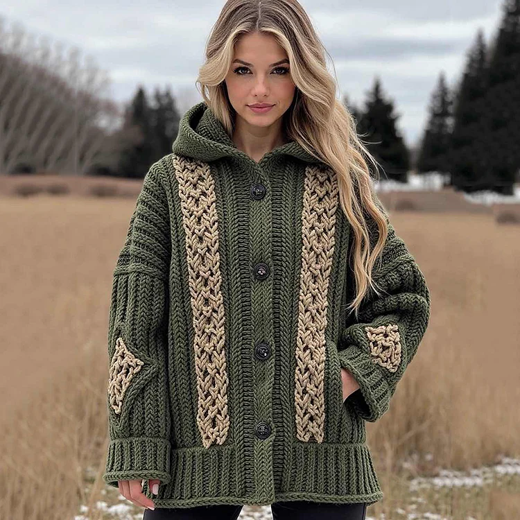 Women's Weave Knotted Jacquard Pocket Hoodie Cardigan