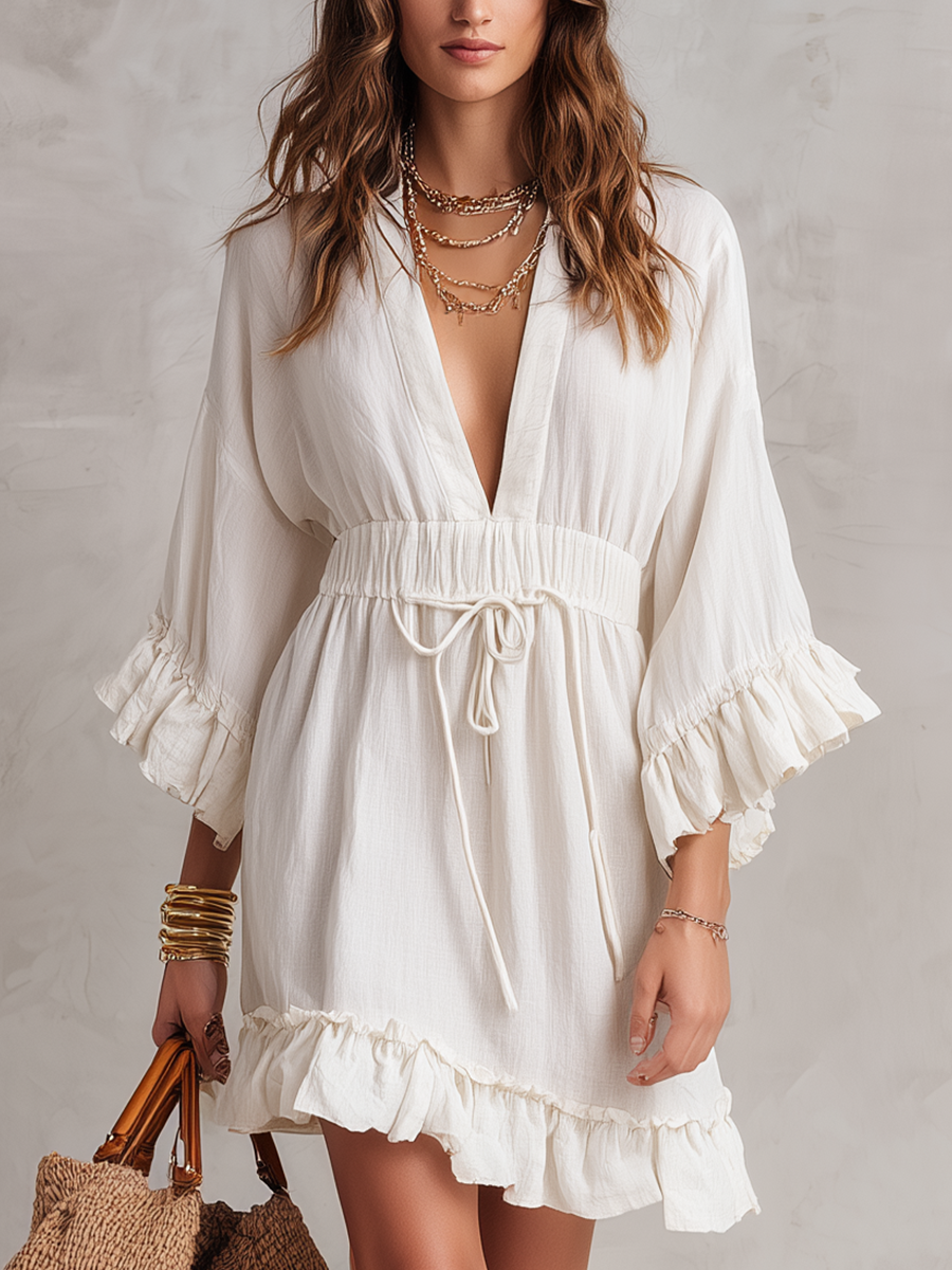Graceful Deep-V Ruffle Sleeve Mini Dress