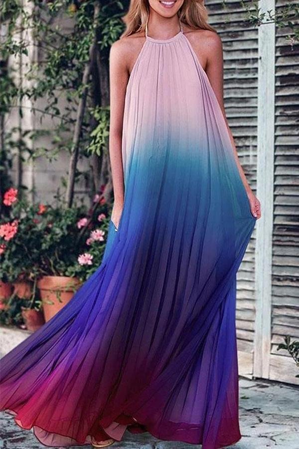 Gradient Halter Neck Chiffon Long Maxi Dress P12171