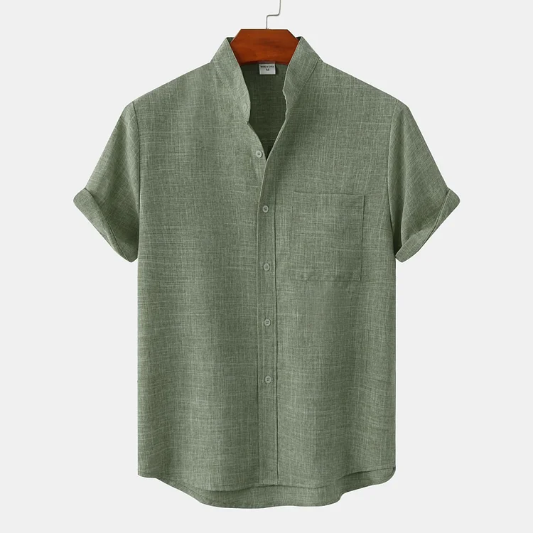 Men's Linen Stand Collar Chest Pocket Button Shirt