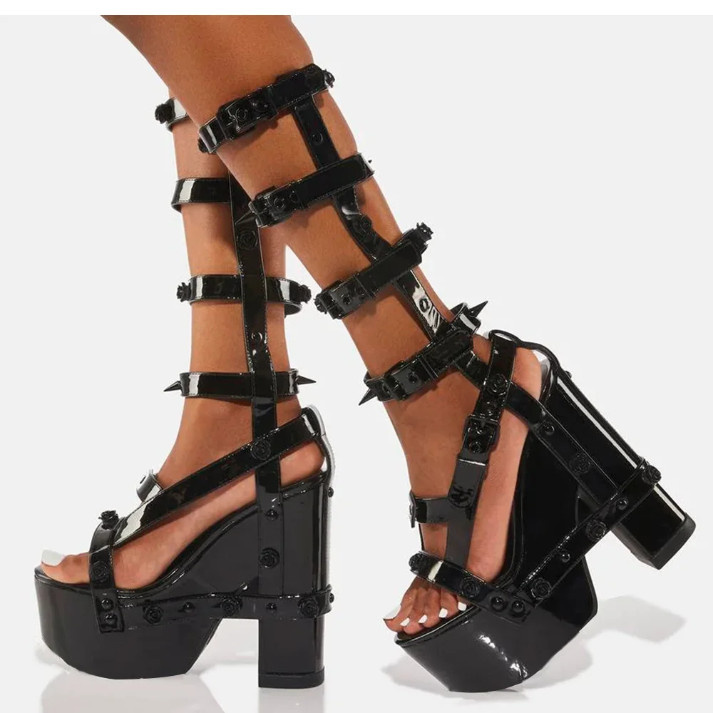 Black Patent Leather Opened Toe Buckled Strappy Platform Gladiator Sandals With Chunky Heels Nicepairs