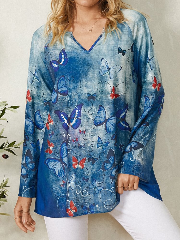 Butterfly Tie dyed Print Long Sleeves V neck Casual Blouse For Women P1820027