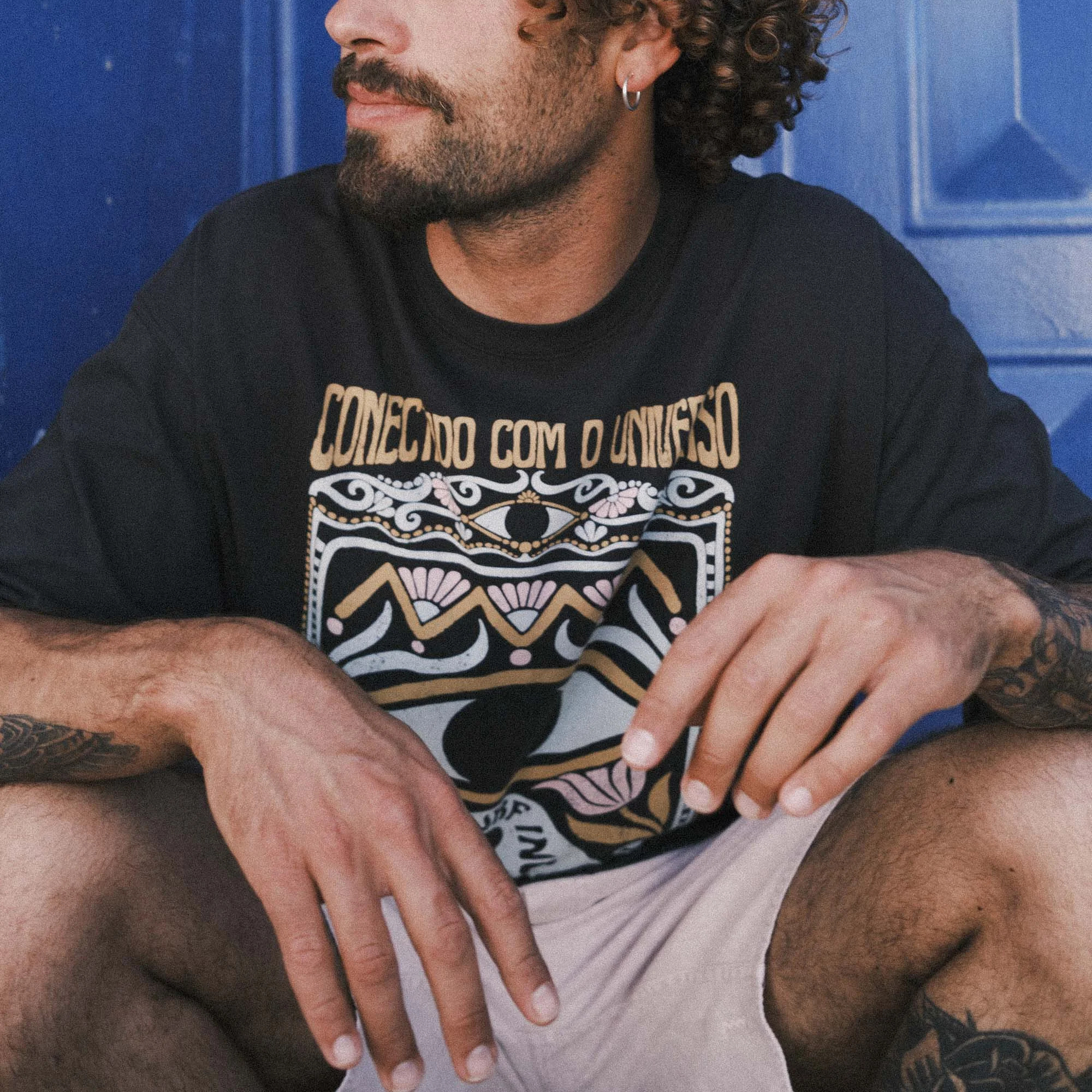 thesupersurf Cotton Blend Black T-Shirt with Embroidered 'Eat Waves' Noodle Design