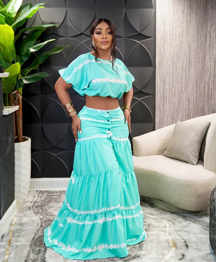 Tie Dye Short Sleeves Crop Top Button Long Skirt Sets