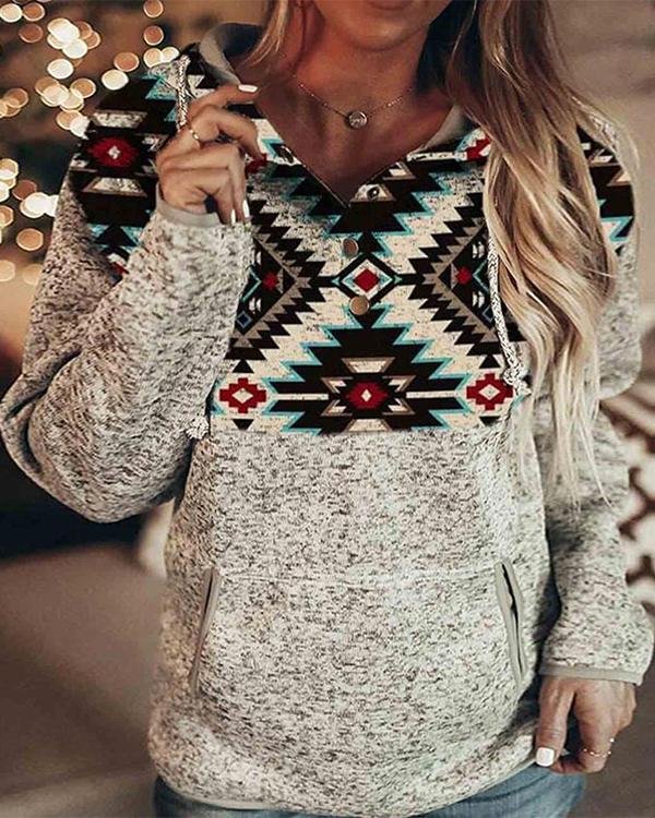 Tribal Print Button Down Hooded Sweatshirt