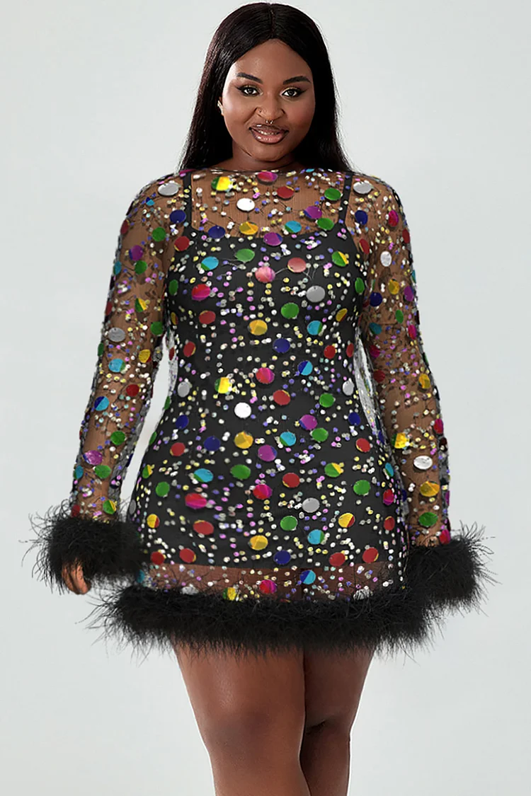 Plus Size Party Dress Black Multicolor Sequined Sheer With Feathers Mini Dress [Pre-Order]