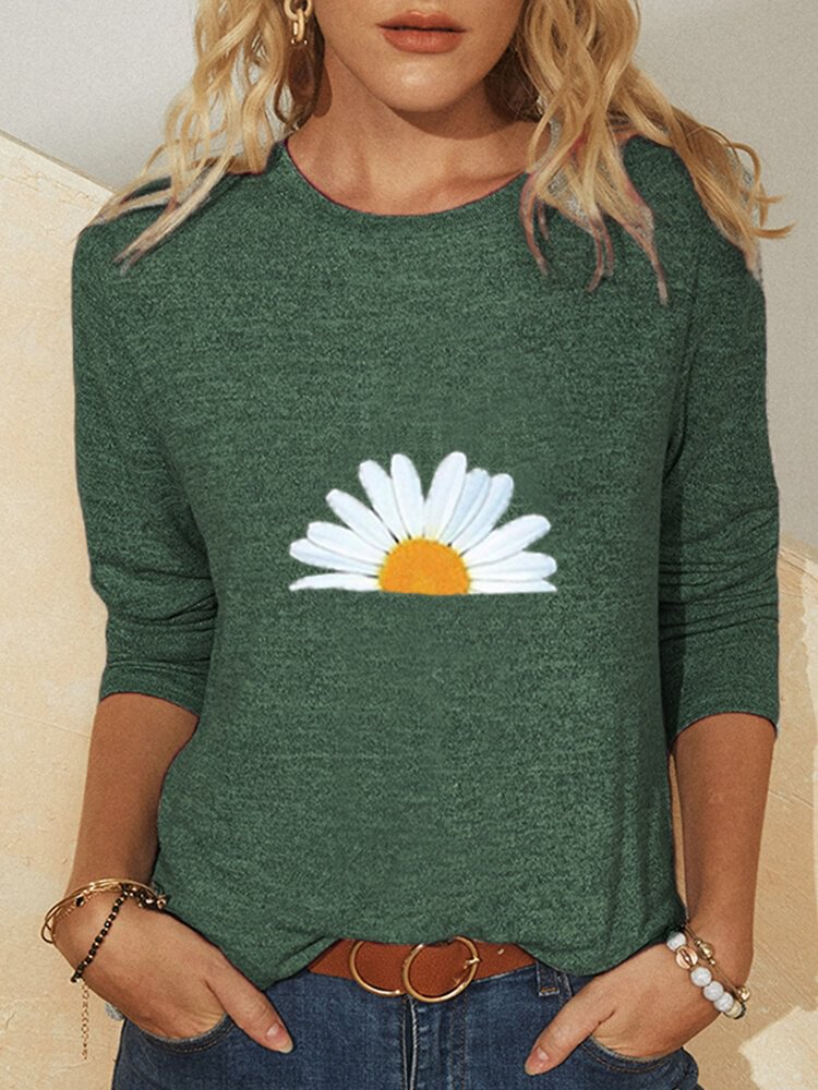 Daisy Print Long Sleeves Casual T shirt For Women P1709741