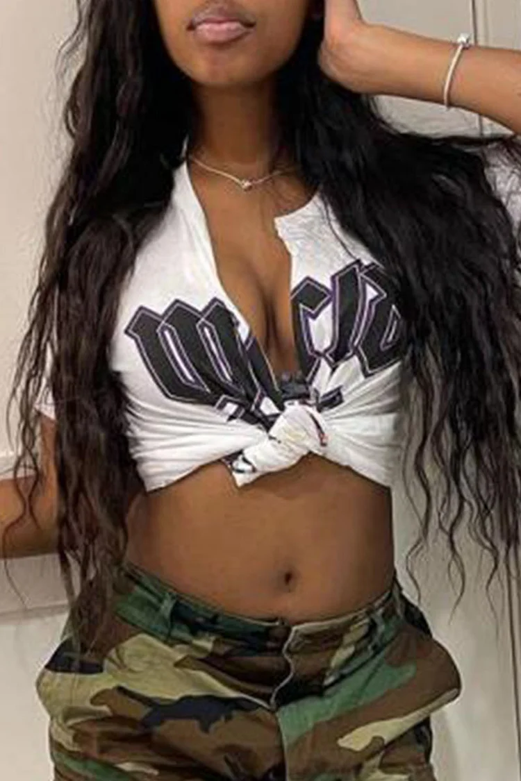 White Sexy Street Print Patchwork V Neck T-Shirts