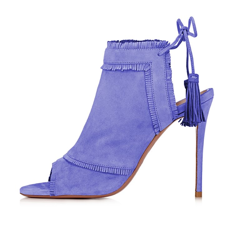 Periwinkle Blue Summer Boots Peep Toe Tassels Slingback Stiletto Heels |FSJ Shoes