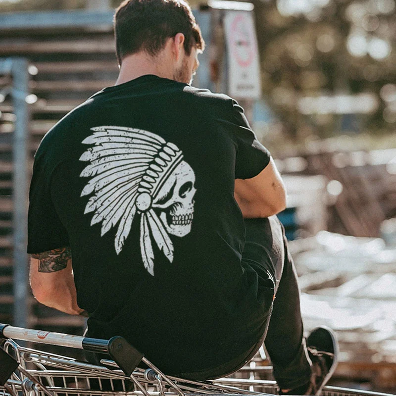 Skull with Feathered Helmet Graphic Casual Black Print T-shirt