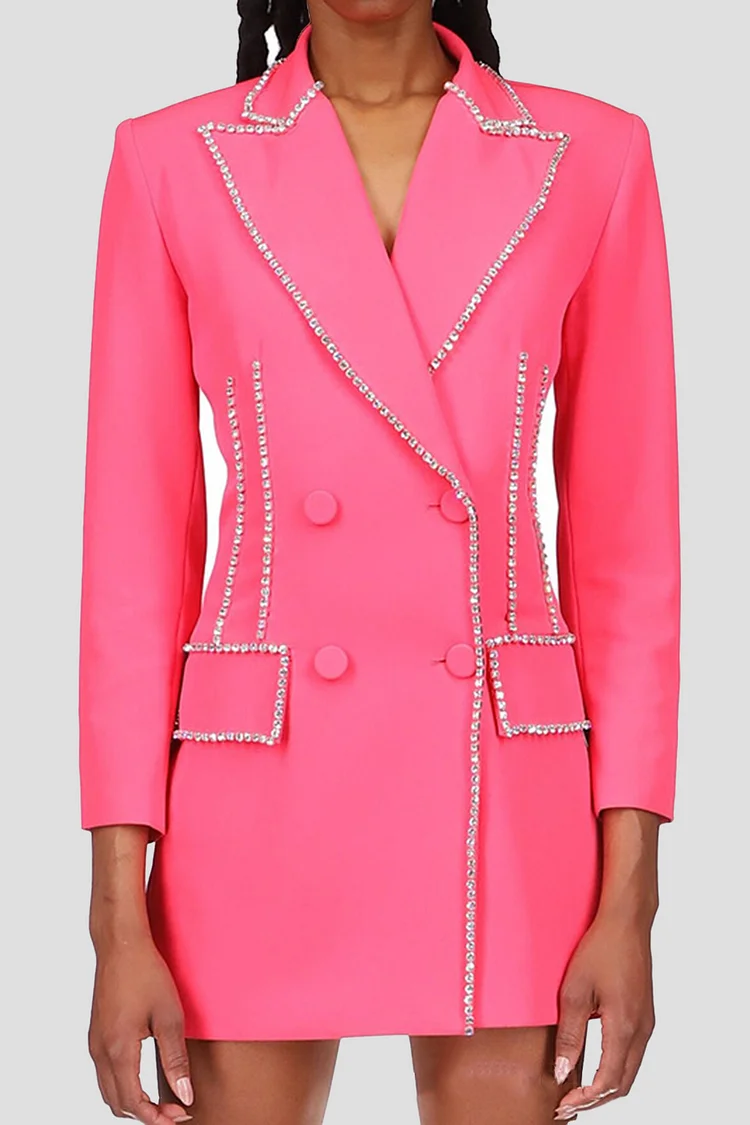 Lapel Double-breasted Rhinestone Decor Blazer Dress-Hot Pink
