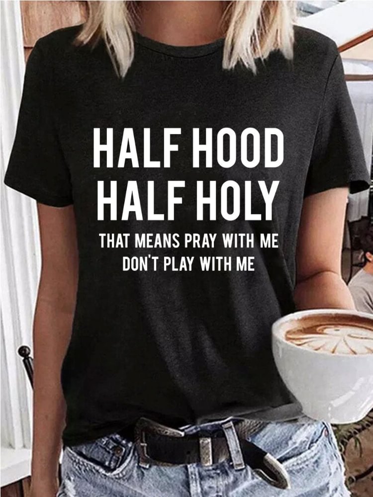 Vefave Half Hood Half Holy Print Casual Crewneck T Shirt