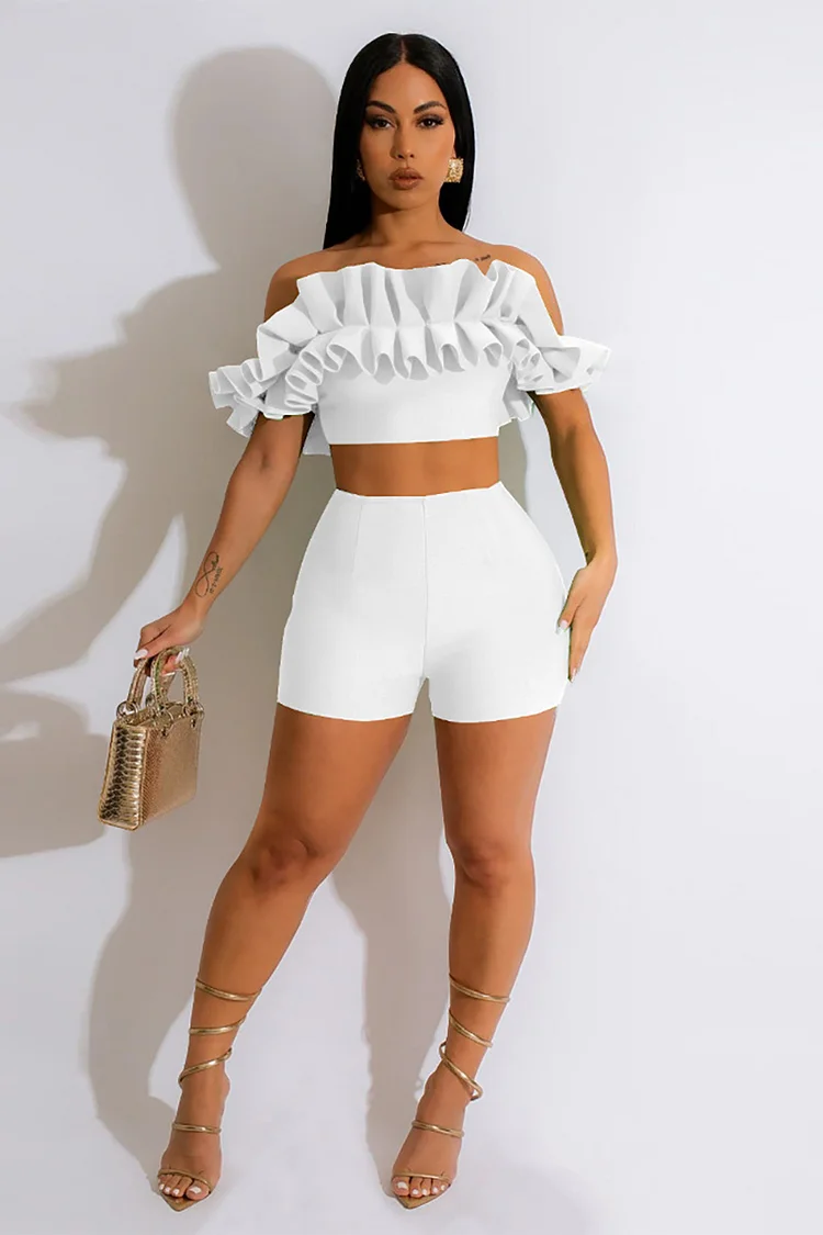 Ruffled Off Shoulder Petal Sleeve High Waist Vacation White Shorts Two-Piece Set