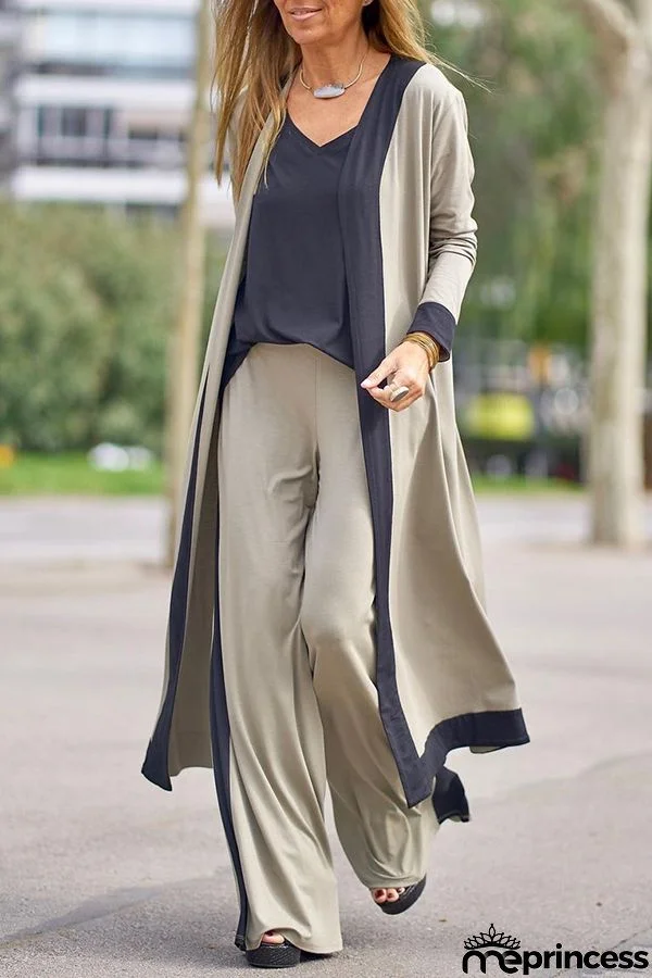 Contrasting Color Sleeveless Vest Long Sleeve Cardigan Jacket Long Pants Three Piece Set