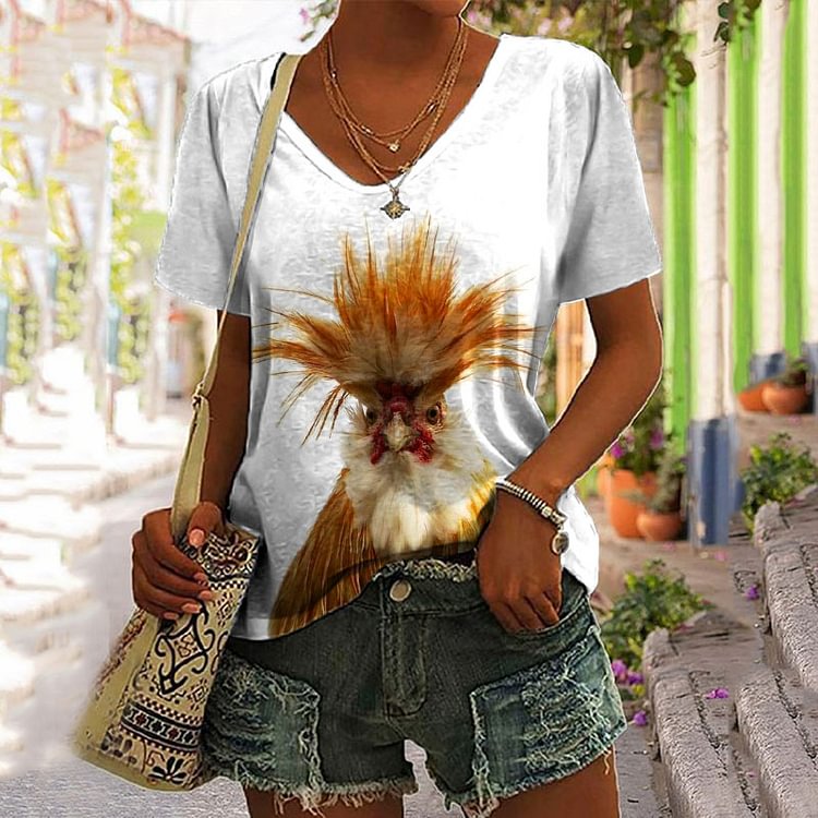 Vefave Casual Chicken Print V-Neck T-Shirt
