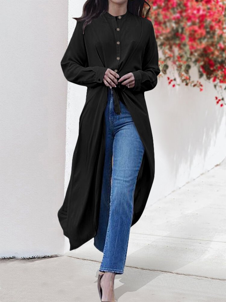 Solid Color Knotted Button Fly Long Sleeve Irregular Shirt P1742357