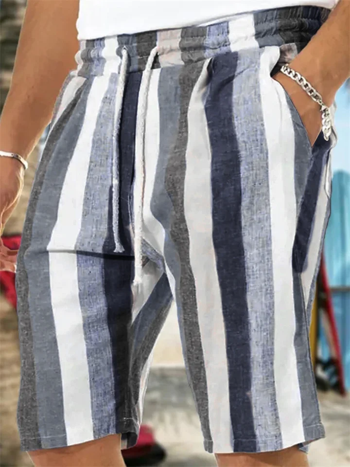 Mens Striped Printed 7/10 Pants Casual Lightweight Shorts Drawstring Elastic Waist Beach Yoga Pants with Pockets Straight Pants-Cosfine
