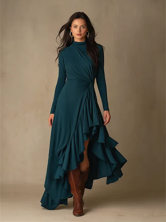 Women's Waist Twist Ruffle Solid Elegant Turtleneck Long Sleeve Maxi Dress MD