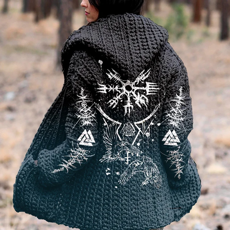 Retro Tribal Viking Runes Ethnic Gradient Graphics Hooded Cardigan Sweater