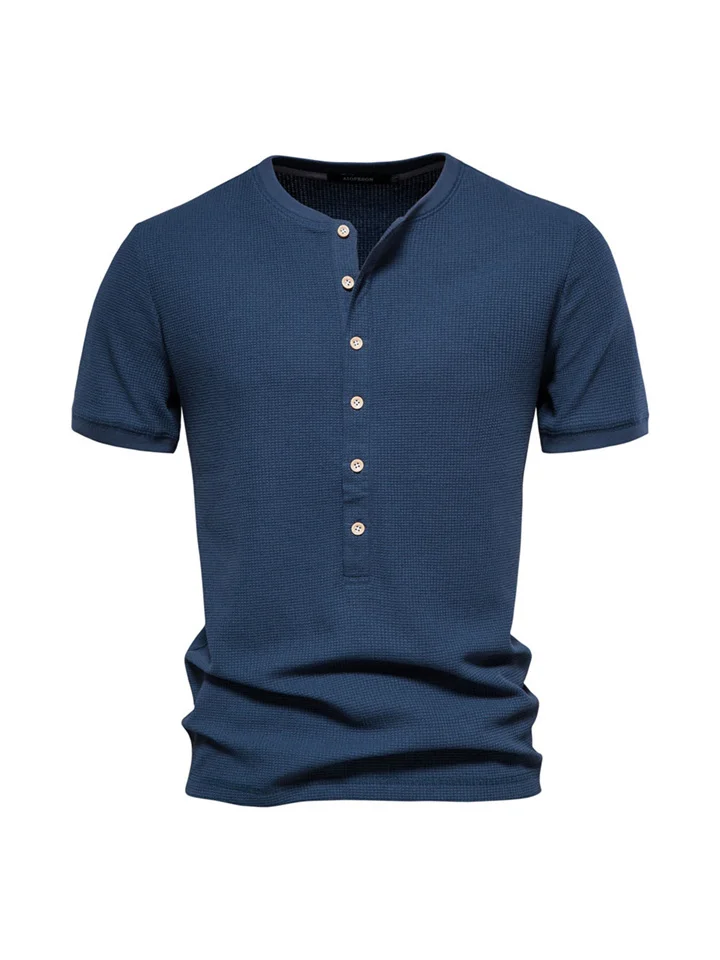 Henley Collar Knit Slim Short-sleeved T-shirt Shirt Casual Button Round Neck Men's Solid Color Waffle Pullover T-shirt-JRSEE