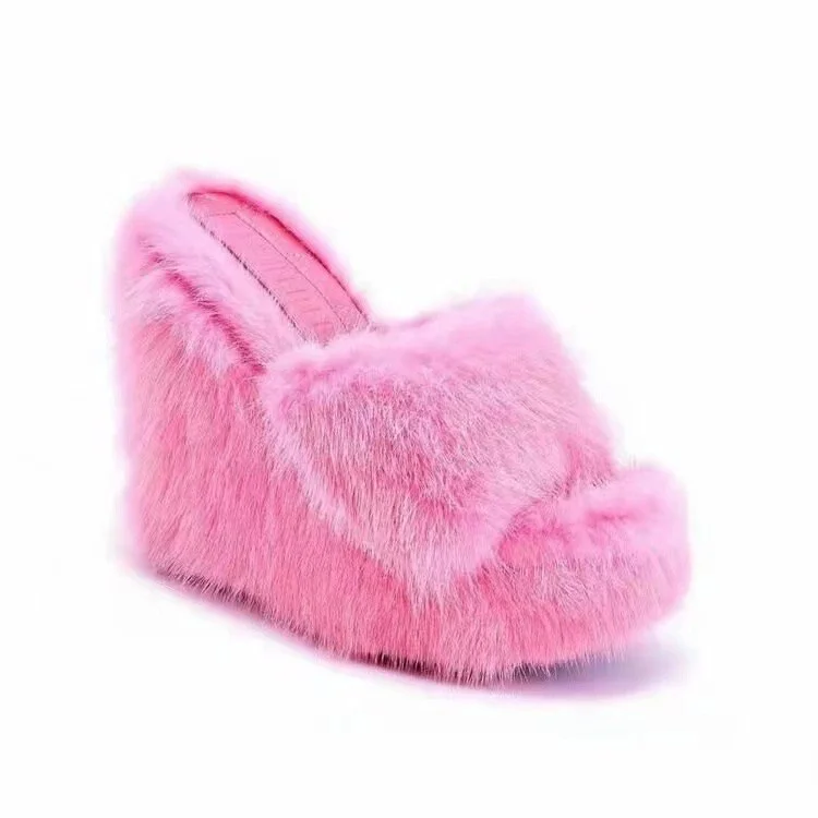 Graduation Gifts  2022 Autumn New Fur Slippers Flat Wedge Heel Slippers Women High-heeled Furry Drag Fashion Outdoor All-match Shoes Slippers