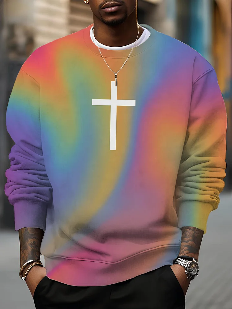 Men's Trippy Rainbow Gradient Art Cross Graphic Print Casual Sweatshirt