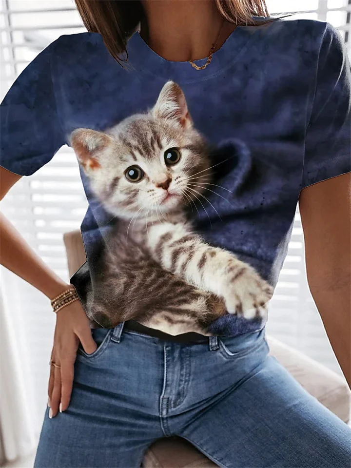 Women's Summer Explosion A Cat Pattern Print Round Neck Short Sleeve T-shirt-JRSEE