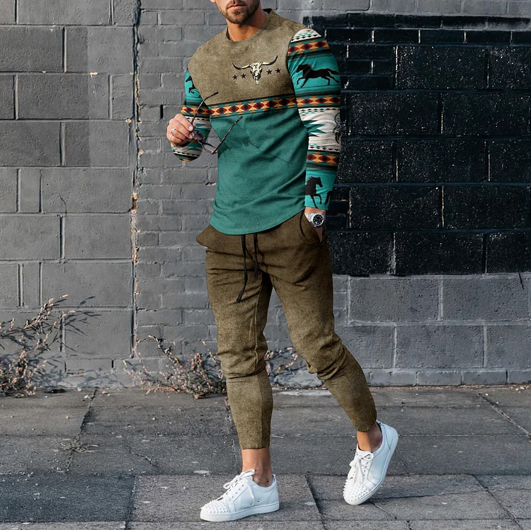 Western Style Geometric Bull Head Color Contrast T-Shirt And Pants Co-Ord