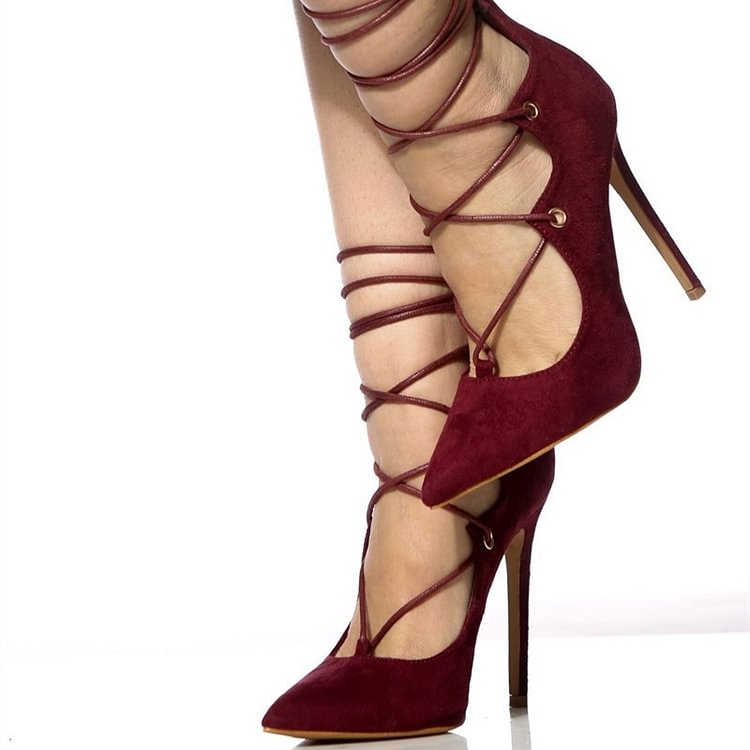 Maroon Heels Pointy Toe Strappy Suede Stiletto Heel Pumps |FSJ Shoes